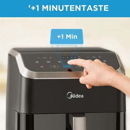 Friteuse à air chaud Midea, capacité de 5L, technologie HeatXpress, 90% moins d'huile, économie d'énergie et de temps avec 7 préréglages, modèle MAD55F8APK.