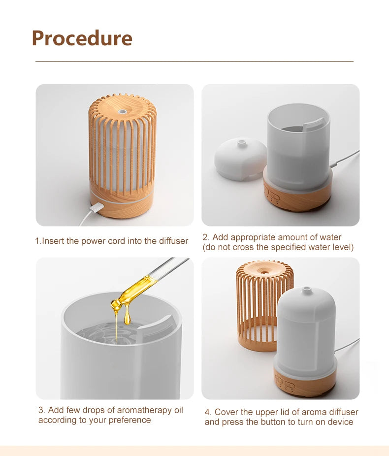 Diffuseur d'huile essentielle et humidificateur d'air ultrasonique 150 ml en forme de cage d'oiseau, machine électrique de parfum pour la maison et la chambre.